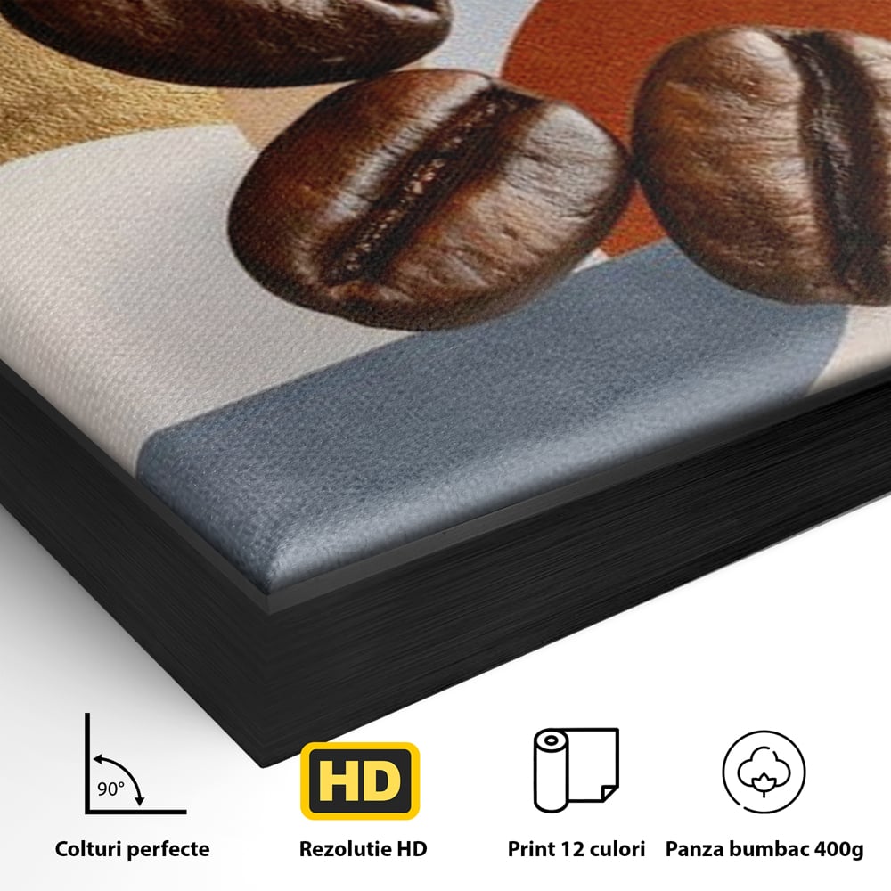 Detaliu al suprafetei: tablou canvas cu boabe de cafea si forme geometrice, in rama de aluminiu negru